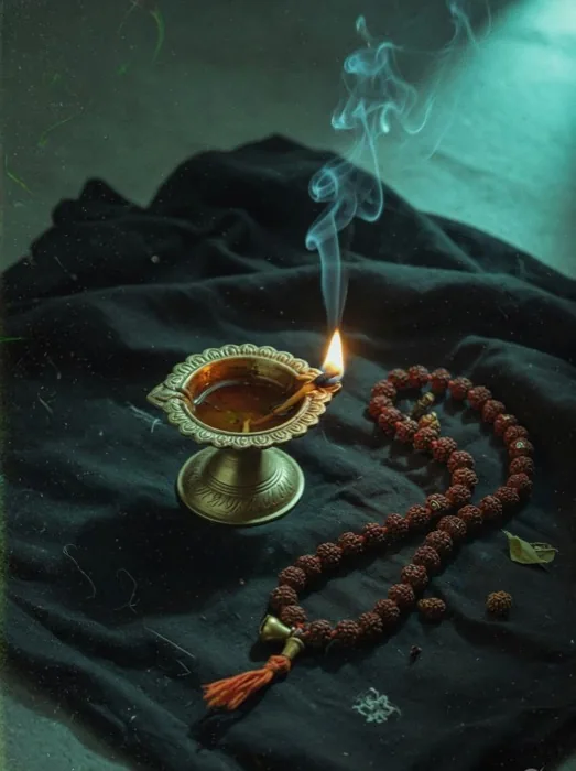 Brass diya and rudraksha beads