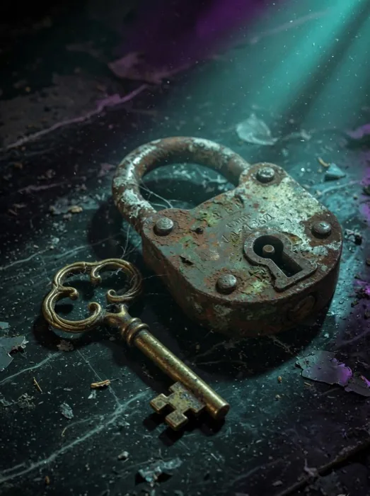 Rusted padlock and brass key
